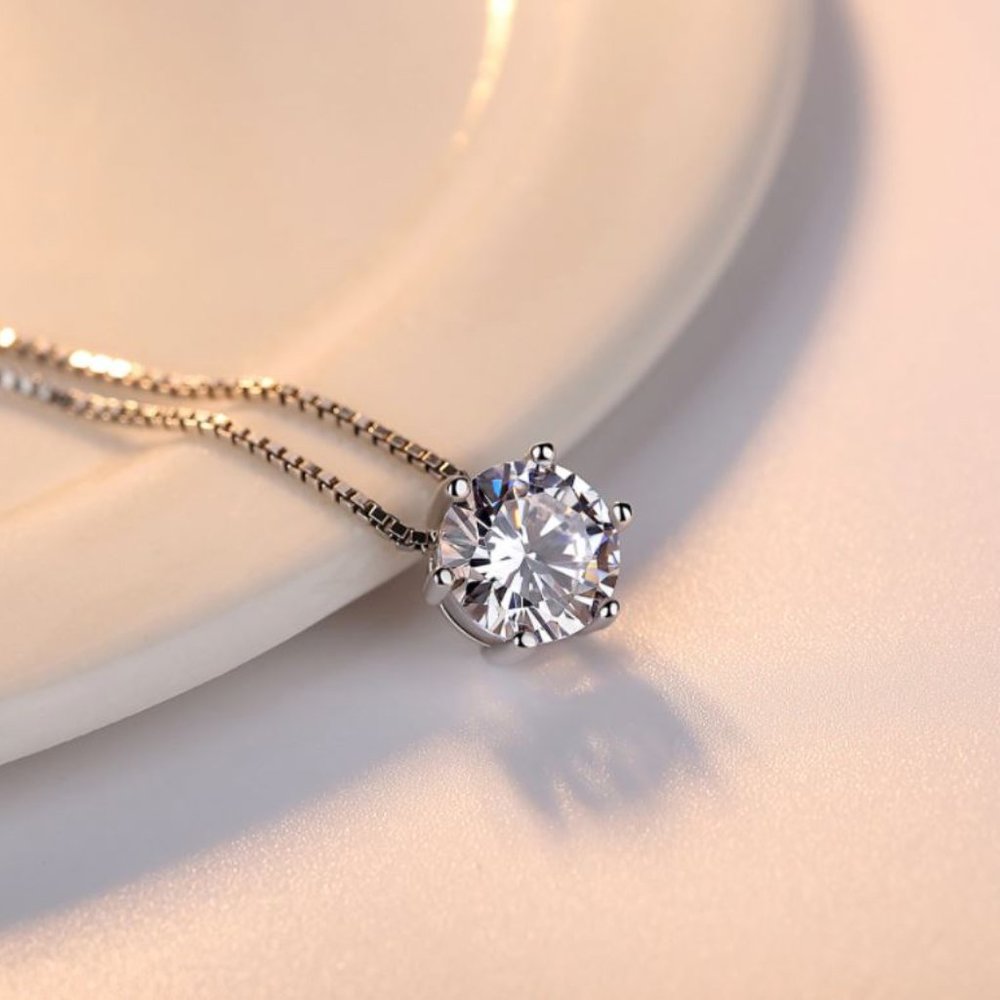 925 Sterling Silver Solitaire  Diamond Necklace - Picture 5 of 7